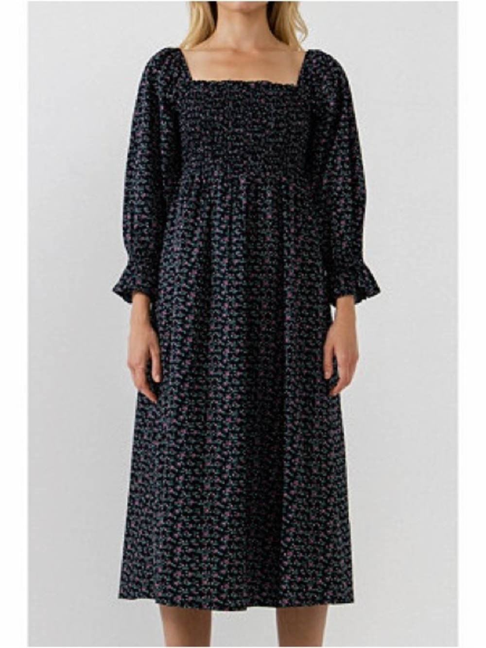 English Factory Black Floral Smocked Square-Neck Midi Dress